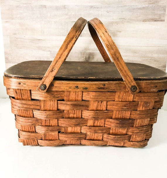 Vintage Picnic Basket with Wood Top