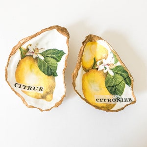 Oyster Shell Jewelry Ring Dish w Yellow Lemons - Decoupage Oyster Trinket Dish - Yellow Lemons Table Decor - Wedding Hostess gift