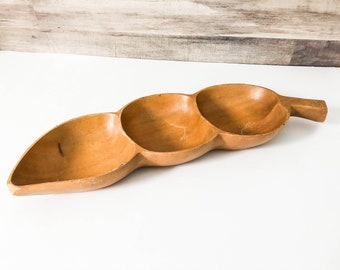 Monkey Pod Wood Dish - Mid Century Leaf Divided Tray - MCM Wood Divided Leaf Serving Dish - Vintage Sectioned Nut bowl