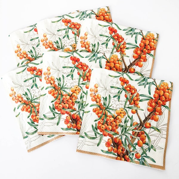Paper Napkins for Decoupage  Crafts - Fall Orange Berries Napkins TW0- Orangeberry nature Decoupage Tissue - Craft Paper