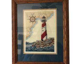 Vintage Handmade Needlepoint Picture Lighthouse Framed Wall Hanging - Matted framed Lighthouse picture