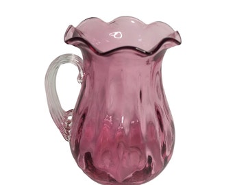 Small Cranberry Glass Pitcher w striated handle fluted top edge - Collectible Cranberry Glass Pitcher