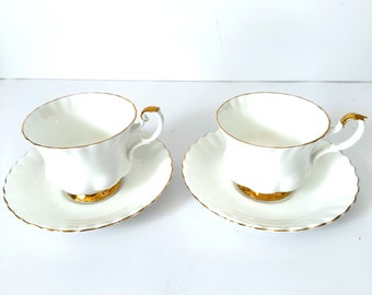 Royal Albert Bone China Val D'or Tea Cups set of two White & Gold trim Swirl pattern Tea Cup Set