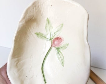 Handmade Red Clover Pottery Dish - Soap dish - Trinket Dish - Natural Form Ceramic Dish w clover flower