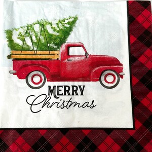 Napkins for Decoupage Red Truck Christmas Tree set of TWO - Christmas Tree Red Pickup Truck Napkins