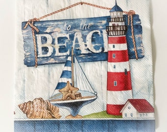 Napkins For Decoupage Lighthouses Beach Shells set of TWO - Nautical Ocean beach theme Napkins - Napkins for Crafts