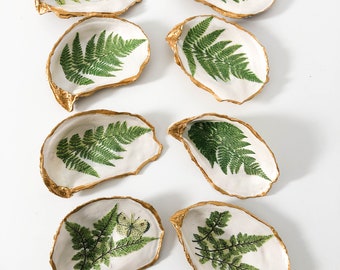 Oyster Shell Jewelry Dish Green Fern Decor - Decoupage Trinket Dish - Home Decor Shell Dish Fern