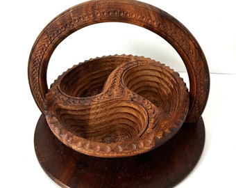 Collapsible Folding Wood Basket With Handle - Vintage Hand Carved Collapsible Wooden Basket /Trivet -Paisley Compartments