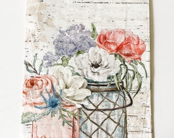 Paper Napkins for Decoupage Floral Mason Jar & Shells set of TWO - Decoupage Tissue Spring Florals - Nautical Napkins