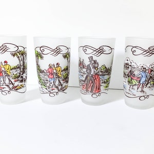 Currier and Ives Scenes Frosted Drinking Glass Tumblers Set of 4 -  60s Retro Glassware Country Kitchen Farmhouse Decor