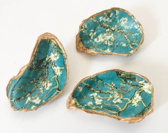 Oyster Shell Jewelry Ring Dish White florals on teal with gold trim - Decoupage Oyster Trinket Dish Van Gogh Decor gift