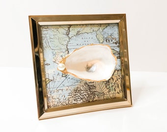 Framed Oyster - Real Oyster Art - Decorative Oyster Art - Hand painted White & Gold Oyster Tier Tray decor - Nautical, Coastal Art