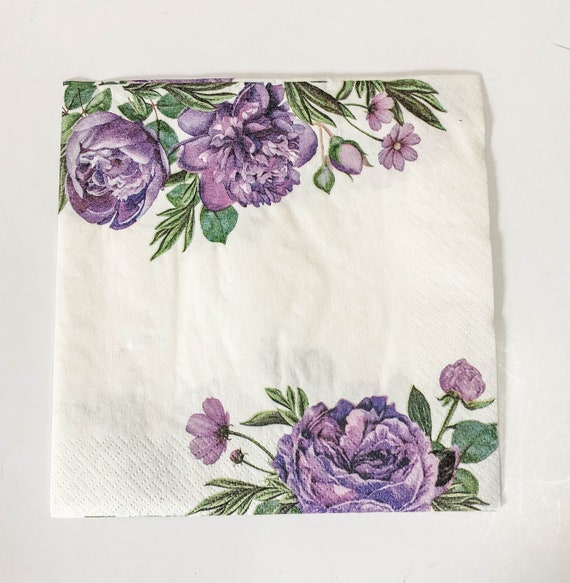 Napkins for Decoupage - Purple roses flower napkins SET of TWO - Decoupage Tissue Purple white floral