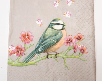 Napkins For Decoupage Bird On Branch set of TWO - English Robin Bird w Pink & White Flowers Napkins - Floral Birds Napkins