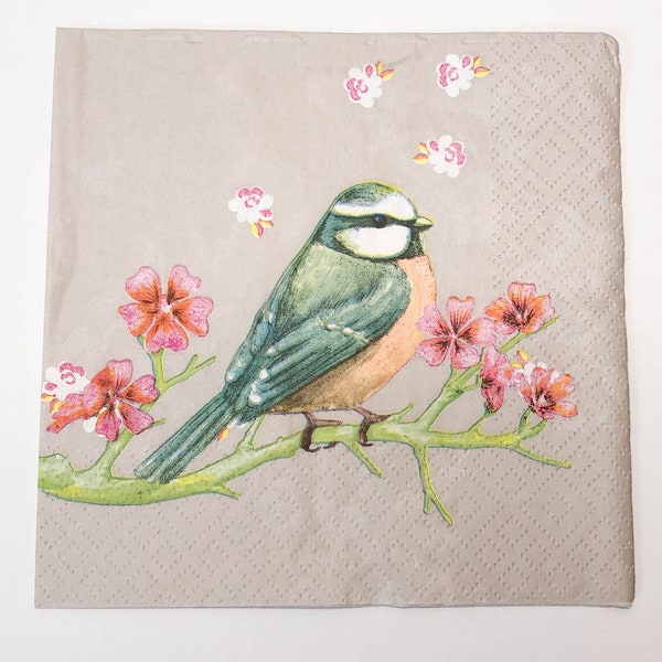 Napkins For Decoupage Bird On Branch set of TWO - English Robin Bird w Pink & White Flowers Napkins - Floral Birds Napkins