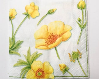 Napkins for Decoupage Yellow floral set of TWO - Yellow green flowers Decoupage Napkins - Yellow buttercup flower paper napkins