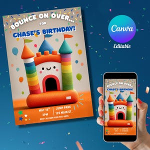 May include: A birthday party invitation with a colorful cartoon bouncy castle design. The invitation reads "Bounce on Over... for Chase's Birthday!" and includes event details. A smartphone displays the same design.