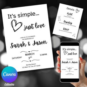 May include: Wedding invitation suite featuring a main invitation, details card, and a phone displaying the invitation. The main invitation reads "It's simple... just love" with the names Sarah & Jason, date, time, and location.