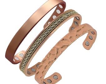 Earth Therapy Ultimate Set - Minimal, Rope, & Hammered Cuffs - Pure Copper Magnetic Bracelets - For Women Men - Adjustable - Ultra Strength