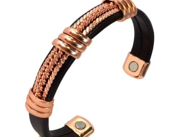 Earth Therapy Chain Pattern Bronze Leatherette Copper Magnetic Cuff Motorcycle Bracelet for Men & Women- Adjustable Sizing - Ultra Strength