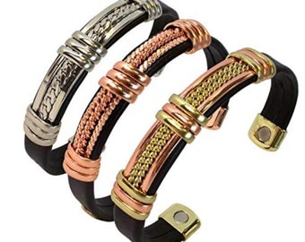 Earth Therapy - 3pc Value Set - Copper Leatherette Motorcycle Magnetic Cuff Bracelets for Men & Women - Adjustable - Ultra Strength