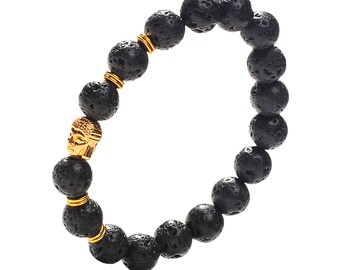 Earth Therapy Buddha Root Chakra Lava Rock Bracelet - Gold Plated Volcanic Lava Buddha Bracelet for Men, Women, and Yogis