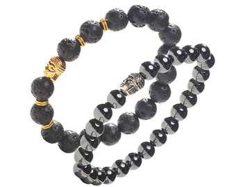 Earth Therapy Buddha Root Chakra Bracelet Set - Gold Plated Volcanic Lava and Hematite Bead Bracelets - Adjustable - For Men & Women