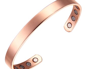 Earth Therapy Pure Copper Shiny Minimalist Magnetic Cuff Bracelet – Adustable Sizing - for Men & Women - Ultra Strength