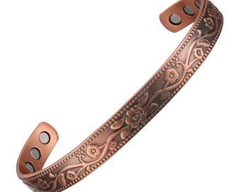 Earth Therapy - Iron Flower Style Copper Magnetic Cuff Bracelets for Men & Women, with Ultra Strength Magnets - Adjustable