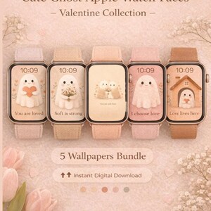 May include: Five Apple Watch faces with cute ghost designs, part of a Valentine's Collection. Each watch displays a different ghost illustration with a positive affirmation. The watches have various pastel-colored bands and are set to 10:09.