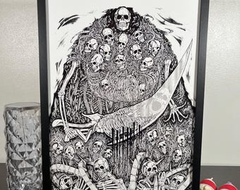 May include: Black and white framed artwork featuring a detailed illustration of a skeletal figure composed of numerous skulls and skeletons. The artwork includes a large scythe and is set against a white background.
