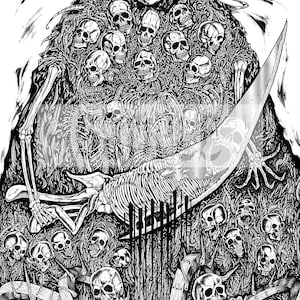 Puede incluir: Ilustraci&oacute;n en blanco y negro de una figura esquel&eacute;tica con una guada&ntilde;a, rodeada de numerosas calaveras. La obra de arte tiene un tema g&oacute;tico u horror, con l&iacute;neas detalladas y una est&eacute;tica oscura.