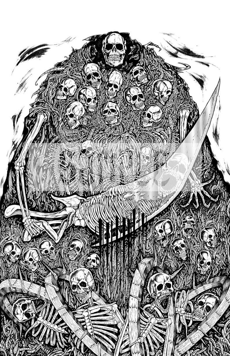 Puede incluir: Ilustraci&oacute;n en blanco y negro de una figura esquel&eacute;tica con una guada&ntilde;a, rodeada de numerosas calaveras. La obra de arte tiene un tema g&oacute;tico u horror, con l&iacute;neas detalladas y una est&eacute;tica oscura.