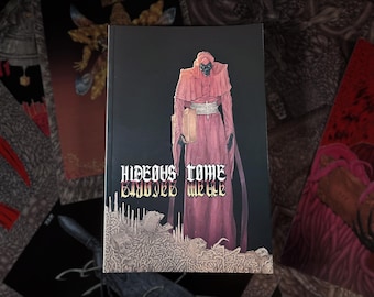 May include: A book titled "Hideous Tome, Bloodied Verse" features a robed figure with a black face, holding a book, standing above skulls. The cover is black with a pink and white color scheme. Other illustrations are visible in the background.