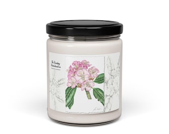 Rosebay Rhododendron Botanical Illustration Candle | 9oz Soy Jar | Floral Illustration, Watercolor, Pen and Ink