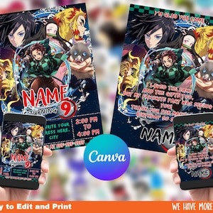 May include: Two birthday party invitations featuring anime characters. The invitations have a dark blue background with character illustrations and the word "NAME" in large red letters. One invitation says "Turning 9" and the other says "I'm glad you came".