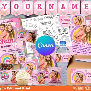 May include: A selection of pink birthday party items, such as invitations, banners, and treat bags. The designs feature a rainbow, the number 7, and the text "Name". The image also includes a cupcake, sweets, and a water bottle.