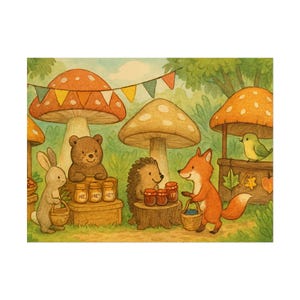 Charming Forest Friends Mushroom Market Rolled Poster, Cute Forest Decor, Nursery Wall Art, Kids Room Decorations, Animal Lovers Gift