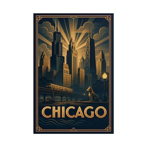 Vintage Chicago Cityscape Rolled Poster, Art Deco Print, Home Decor, Wall Art, Gift for Travelers, City Lover&#39;s Poster