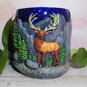 Elk Mountain Planter • Night Sky Flower Pot • Handmade Cement Planter • Rustic Wildlife Decor • Mini Forest Planter • Cabin Style Plant Pot
