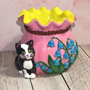 Cat Flower Pot, Lily of the Valley Planter, Handmade, Hand Painted Cottagecore Cement Pot | Floral Succulent Planter | Cat Lover Gift