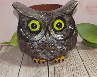 Owl Planter, Handcrafted with Glow in the Dark Eyes & Drain Hole, Great Horned Owl Flower Pot, Succulent Planter, Owl Lover Gift