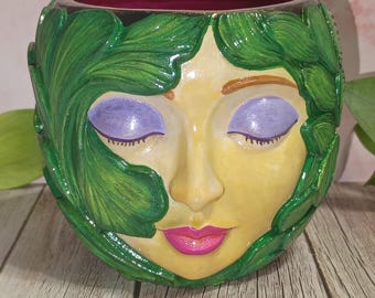 Lady Face Planter | Botanical Face Flower Pot | Leaf Goddess Planter | Hand Painted Succulent Pot | Handmade Plant Decor
