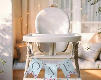 Blue Vintage Rose Tea Party One High Chair Banner, Floral 1st Birthday Bunting, Editable Canva Template, Roses Par-Tea Party Decor - PTB22