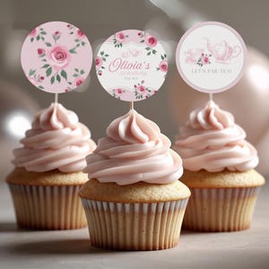 Cupcake Toppers Tea Party Rose Printable, Pink Floral Birthday Cake Toppers, Editable Canva Template, Vintage Garden Roses Par-Tea - PTK24
