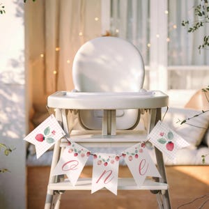 Berry First One High Chair Banner, Stawberry Party 1st Birthday Decor, Pink Gingham Picnic Picture Bunting, Editable Canva Template - BFK22