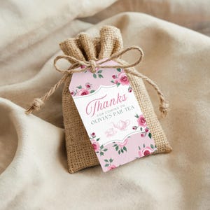 Vintage Tea Party Pink Floral Favor Tags Printable, Editable Garden Roses Thank You Label, Girls Par-Tea Gift Tag, Canva Template - PTK12