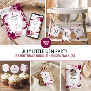 May include: A first birthday party bundle featuring a printed invitation, a digital invitation on a smartphone, a pennant banner spelling ONE, three cupcake toppers, a burlap favor bag with a tag, and a thank you card with a photo frame.