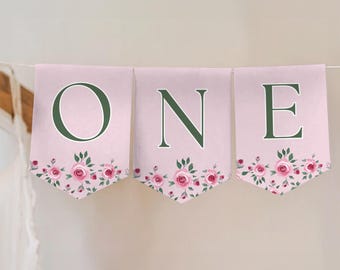 May include: A decorative banner consisting of three light pink pennants hanging on a string. Each pennant features a dark green letter spelling out the word ONE, accompanied by a floral pattern of pink roses and green leaves at the bottom.