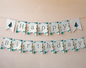 December Turquoise Birthstone Happy Birthday Banner, Little Gem Bunting Decoration, Aqua Crystal 1st Birthday, Editable Canva File - LGQ21